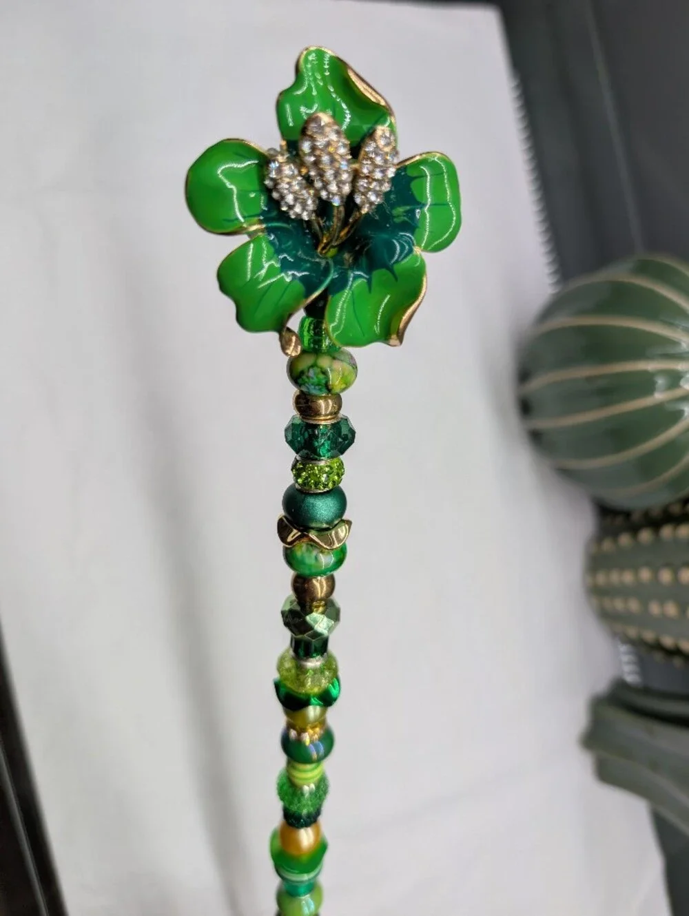 Hand Made Fairy Wand/Plant/Garden Stake W/Green Enamel Flower Topper🌺